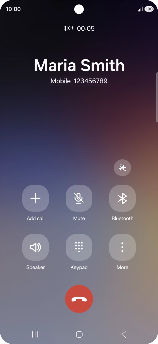 To use Galaxy AI for translation during a call, press the AI icon. To use Galaxy AI for translation during a call, press the AI icon.