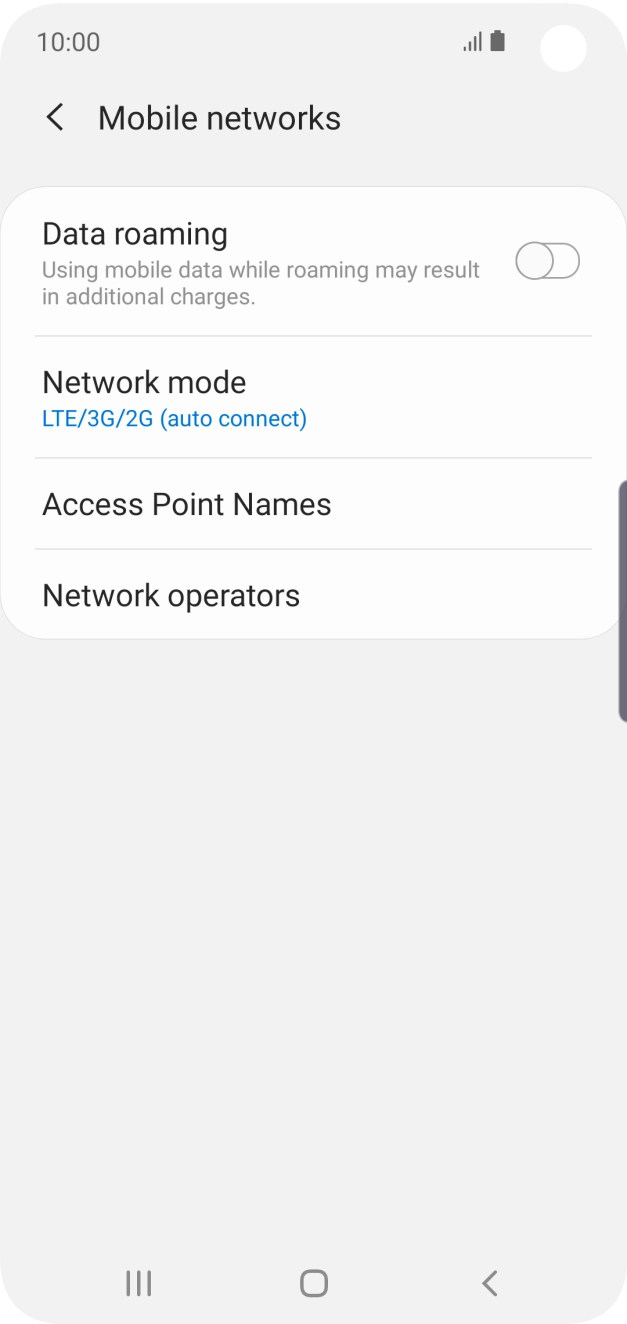 Press the indicator next to 'Data roaming' to turn the function on or off. Press the indicator next to 'Data roaming' to turn the function on or off.