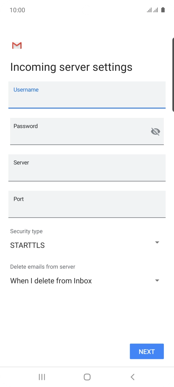 Press the field below 'Server' and key in the name of your email provider's incoming server. Press the field below 'Server' and key in the name of your email provider's incoming server.