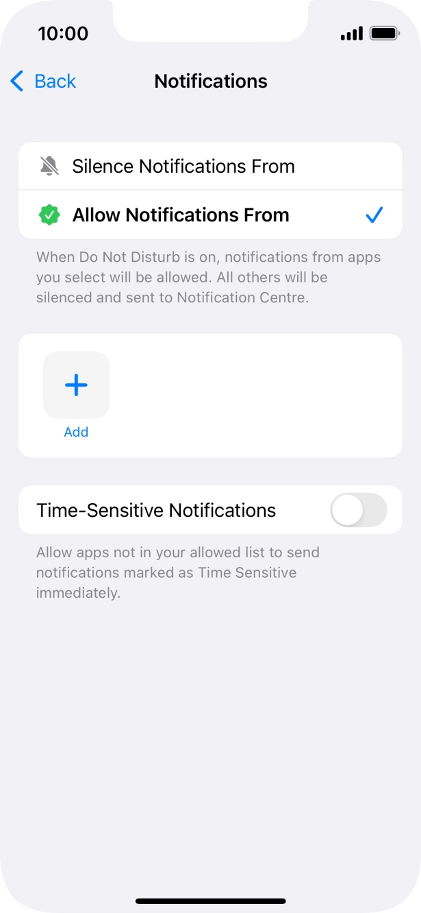 Press the indicator next to 'Time-Sensitive Notifications' to turn display of timed notifications on or off when Do Not Disturb is turned on. Press the indicator next to 'Time-Sensitive Notifications' to turn display of timed notifications on or off when Do Not Disturb is turned on.