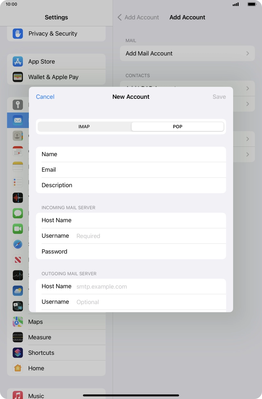 Press Username and key in the username for your email account.