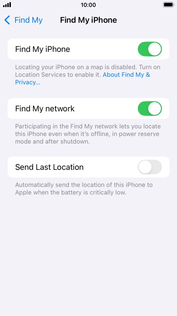 Press the indicator next to 'Find My network' to turn the function on or off. If you turn on the function, you need to follow the instructions on the screen to finish the activation. Press the indicator next to 'Find My network' to turn the function on or off. If you turn on the function, you need to follow the instructions on the screen to finish the activation.
