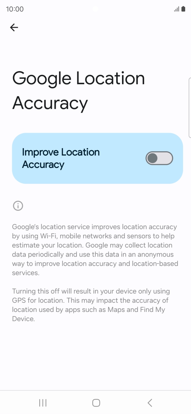 If you press the indicator next to 'Improve Location Accuracy' to turn on the function, your phone can find your exact position using the GPS satellites, the mobile network and nearby WiFi networks. Satellite-based GPS requires a clear view of the sky.