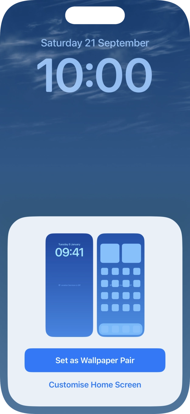 To use the same colour theme on the home screen, press Set as Wallpaper Pair. To use the same colour theme on the home screen, press Set as Wallpaper Pair.