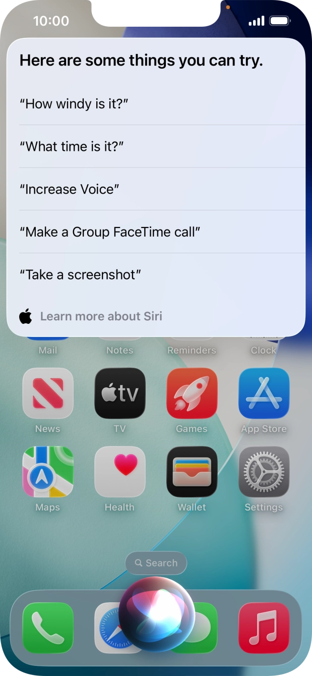 Say 'WHAT CAN I ASK' and press Learn more about Siri to see more examples. Say 'WHAT CAN I ASK' and press Learn more about Siri to see more examples.