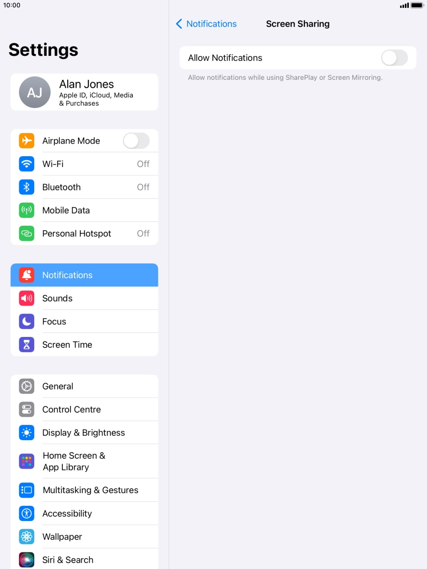 Press the indicator next to 'Allow Notifications' to turn the function on or off. Press the indicator next to 'Allow Notifications' to turn the function on or off.