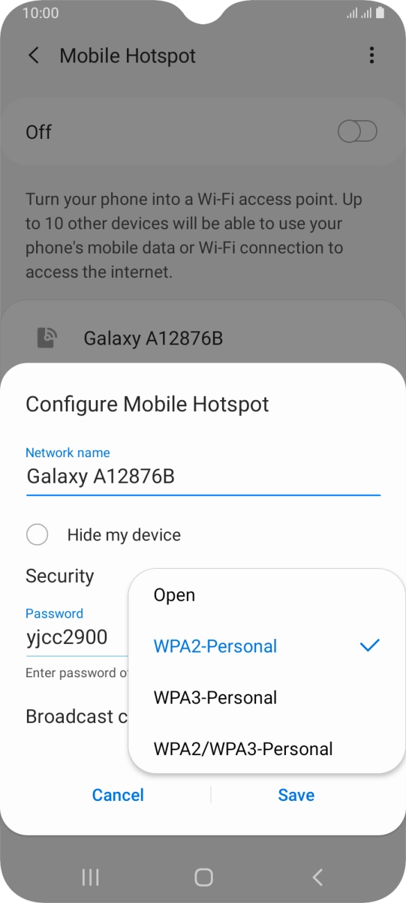 Press WPA3-Personal to password protect your WiFi hotspot. Press WPA3-Personal to password protect your WiFi hotspot.