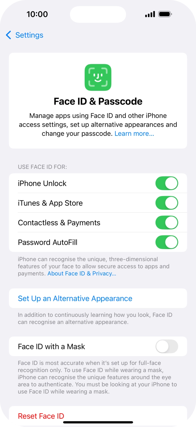 Press the indicators next to the required settings to turn them on or off.