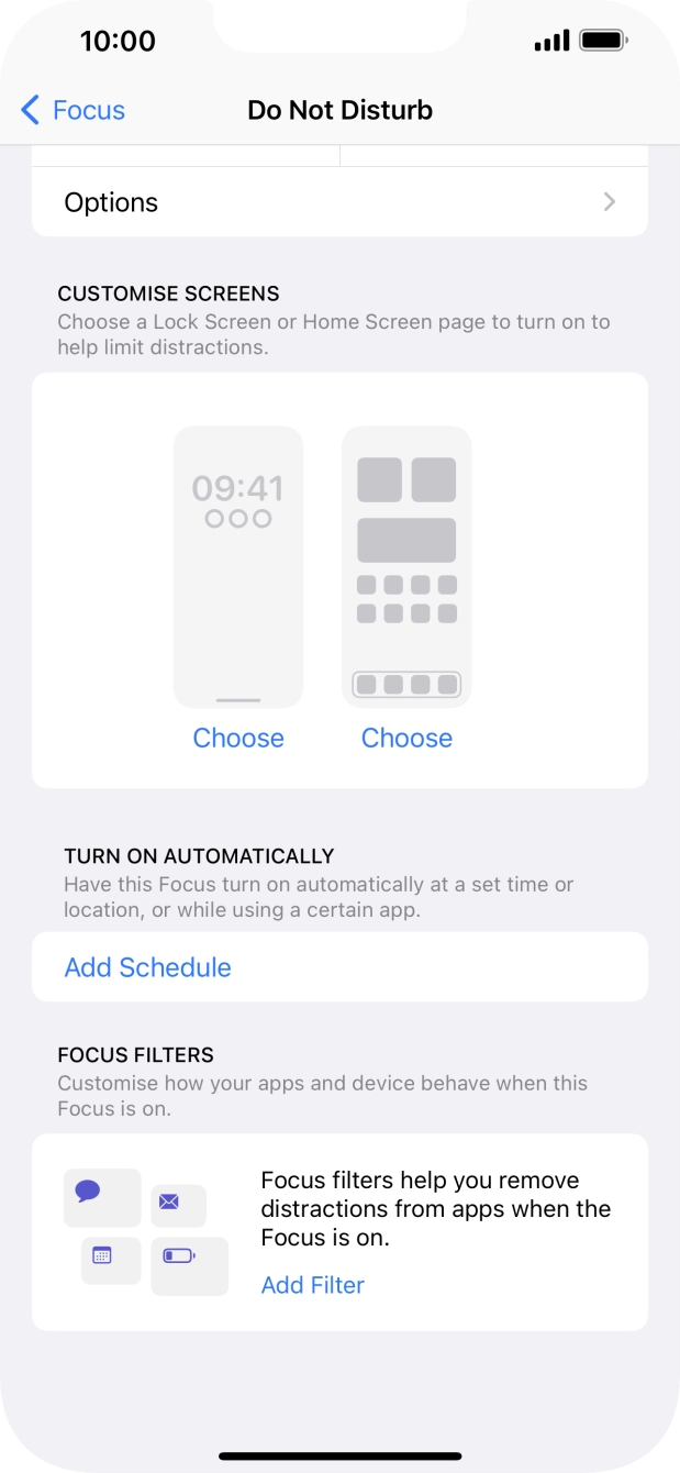Press Add Schedule and follow the instructions on the screen to select settings for automatic activation of Do Not Disturb. Press Add Schedule and follow the instructions on the screen to select settings for automatic activation of Do Not Disturb.