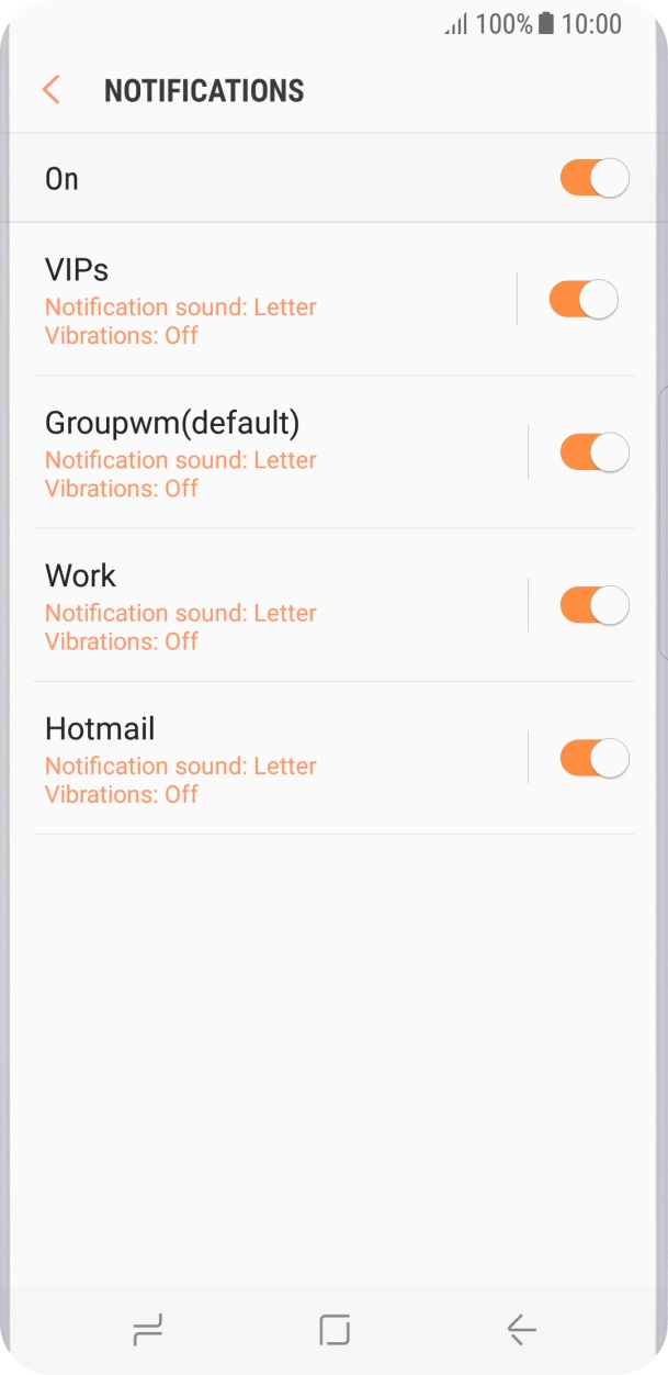 Press the indicator next to the required email account to turn the function on or off. Press the indicator next to the required email account to turn the function on or off.