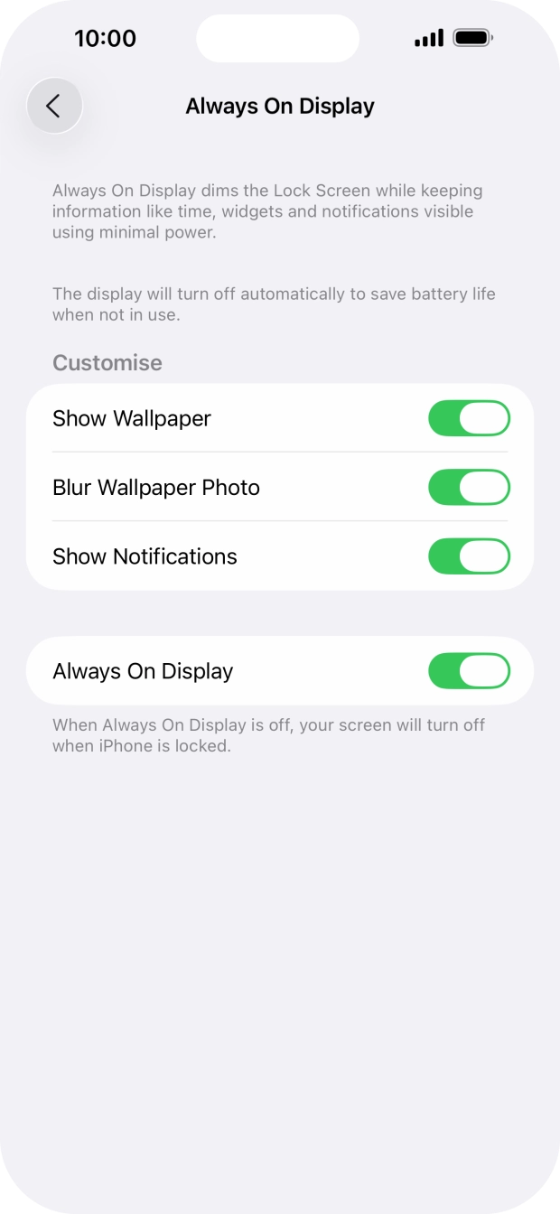 Press the indicator next to 'Always On Display' to turn the function on or off. Press the indicator next to 'Always On Display' to turn the function on or off.