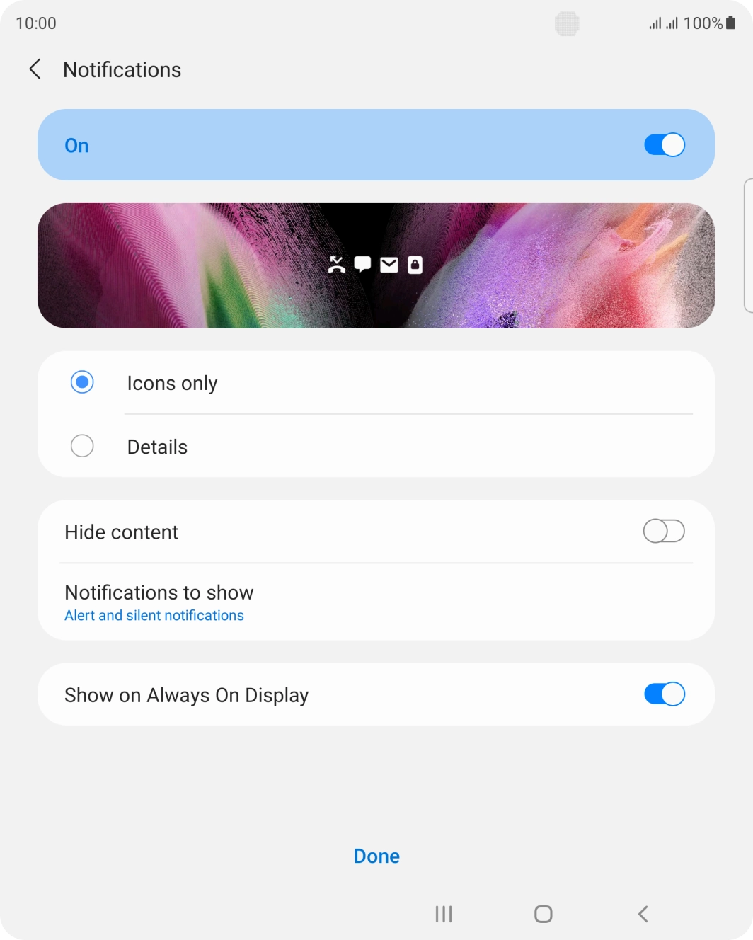 Press the required settings to turn them on or off.