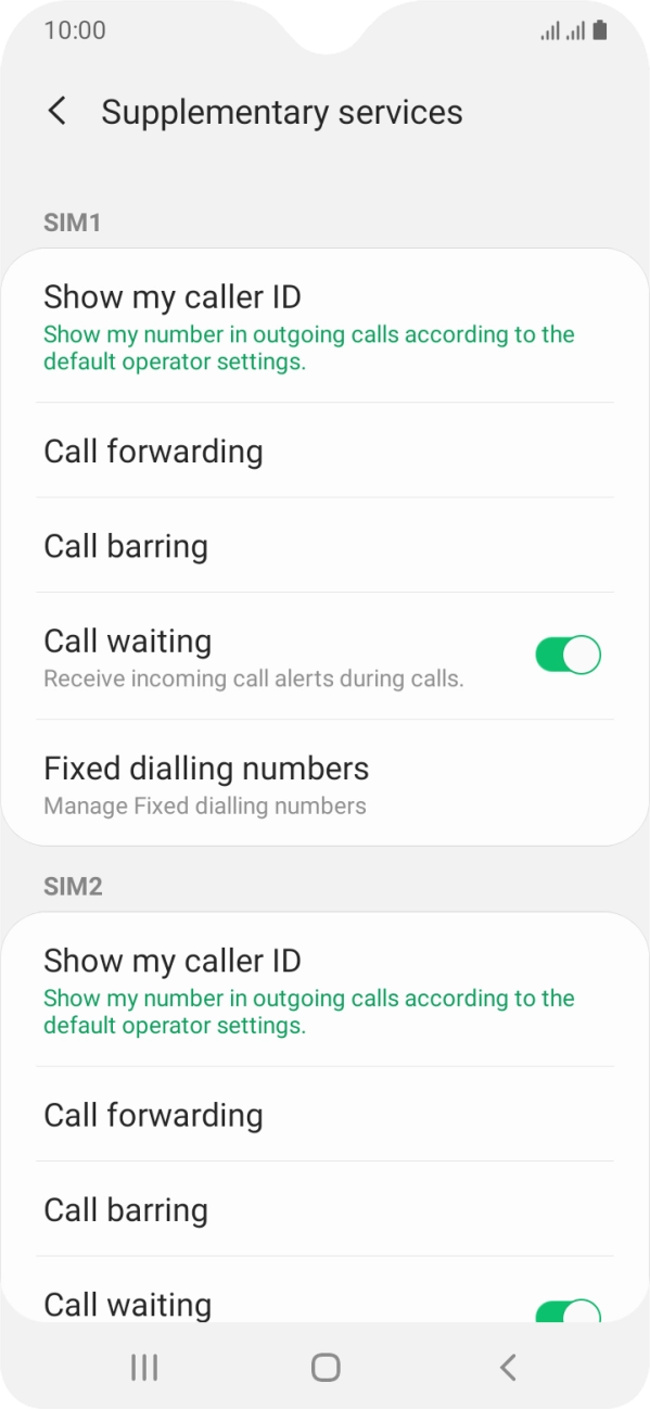 Press the indicator next to 'Call waiting' below the required SIM to turn the function on or off.