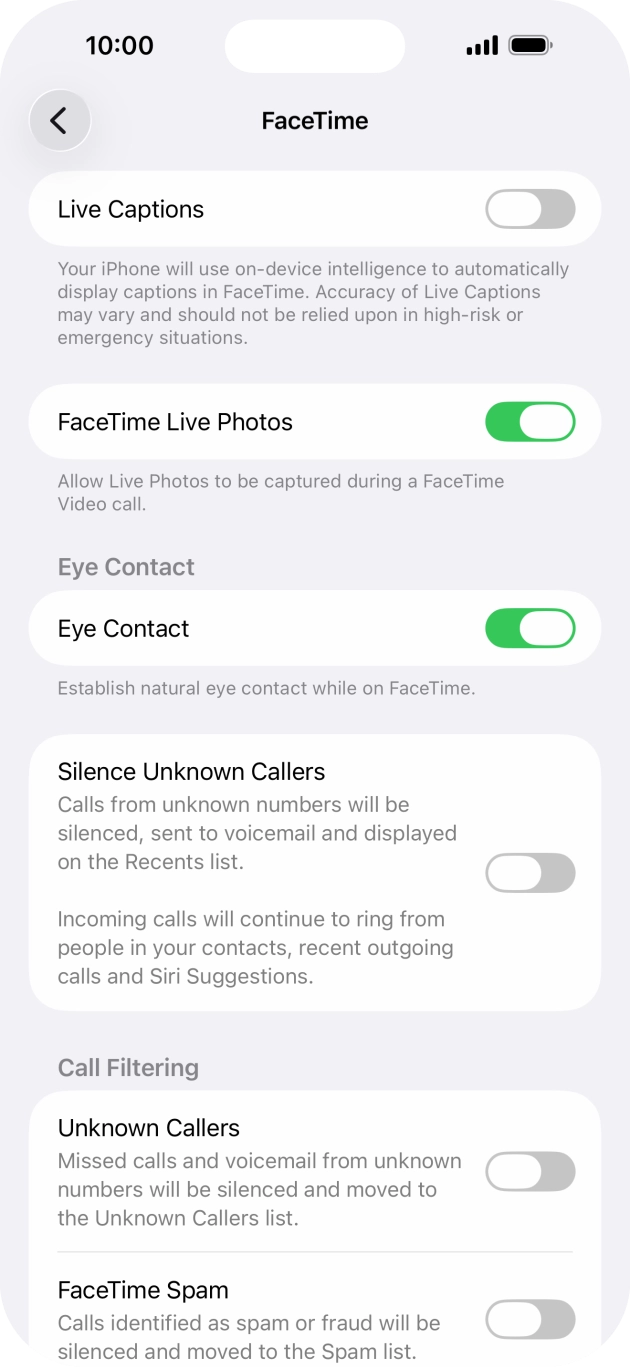 Press the indicator next to 'FaceTime Live Photos' to turn the function on or off. Press the indicator next to 'FaceTime Live Photos' to turn the function on or off.