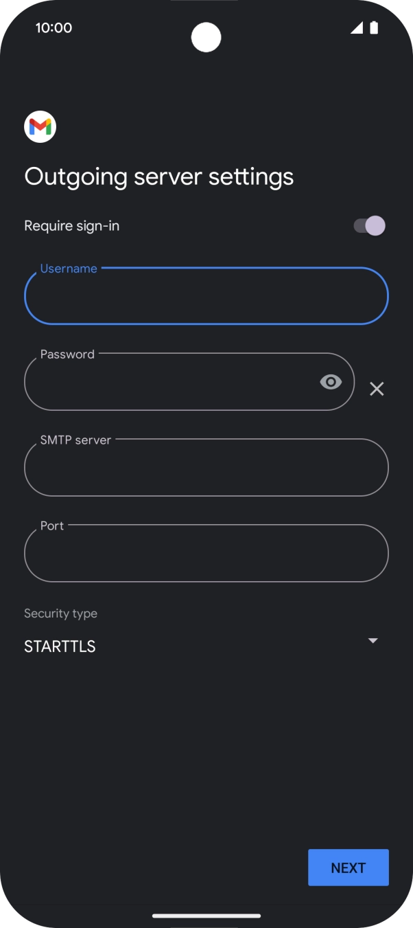 Press the field below 'Password' and key in the password of your email provider's outgoing server. Press the field below 'Password' and key in the password of your email provider's outgoing server.