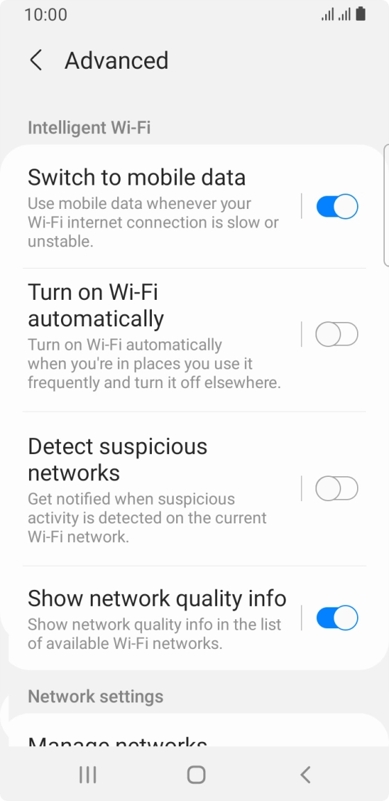 Press the indicator next to 'Switch to mobile data' to turn the function on or off. Press the indicator next to 'Switch to mobile data' to turn the function on or off.