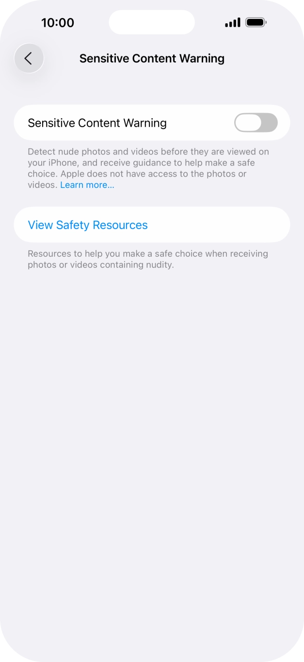 Press the indicator next to 'Sensitive Content Warning' to turn the function on or off. Press the indicator next to 'Sensitive Content Warning' to turn the function on or off.