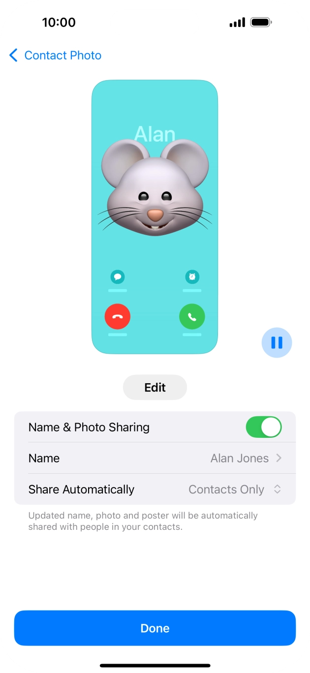 Press the indicator next to 'Name & Photo Sharing' to turn the function on or off. Press the indicator next to 'Name & Photo Sharing' to turn the function on or off.