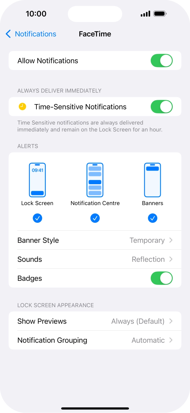 Press the indicator next to 'Allow Notifications' to turn notifications for the selected application on or off. Press the indicator next to 'Allow Notifications' to turn notifications for the selected application on or off.