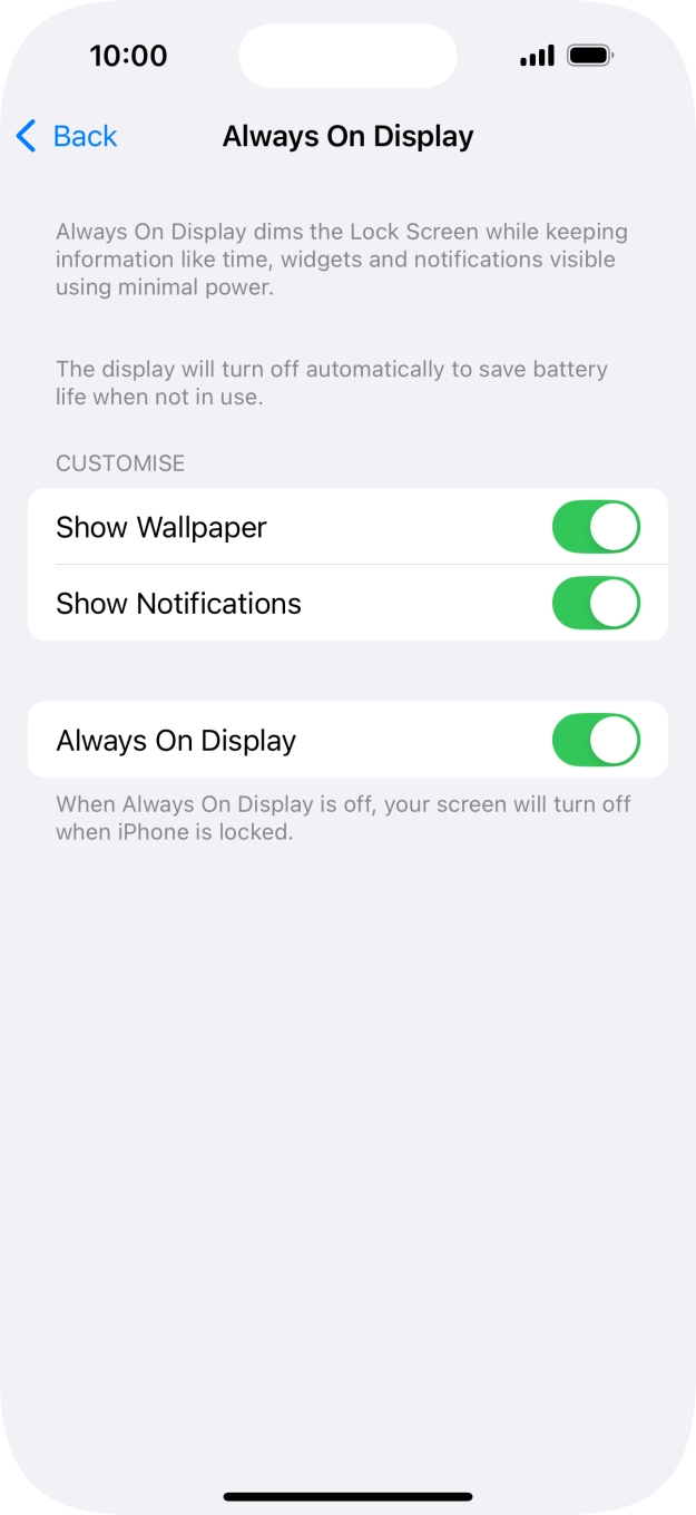 Press the indicator next to 'Always On Display' to turn the function on or off. Press the indicator next to 'Always On Display' to turn the function on or off.