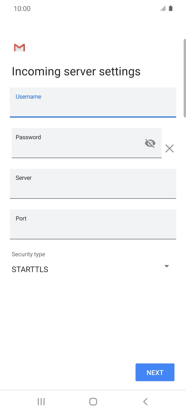 Press the field below 'Server' and key in the name of your email provider's incoming server. Press the field below 'Server' and key in the name of your email provider's incoming server.