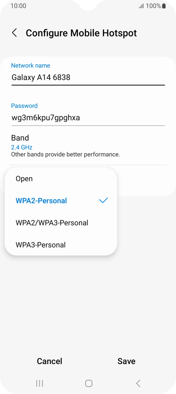 Press WPA3-Personal to password protect your WiFi hotspot. Press WPA3-Personal to password protect your WiFi hotspot.