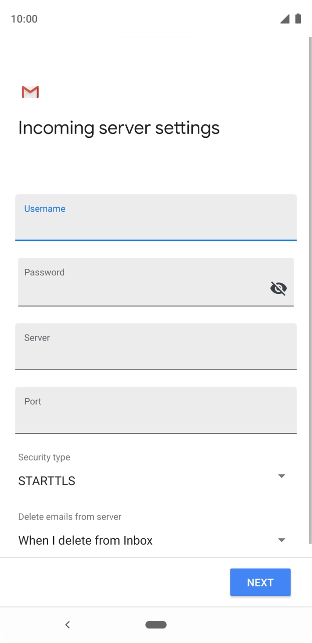 Press the field below 'Server' and key in the name of your email provider's incoming server. Press the field below 'Server' and key in the name of your email provider's incoming server.