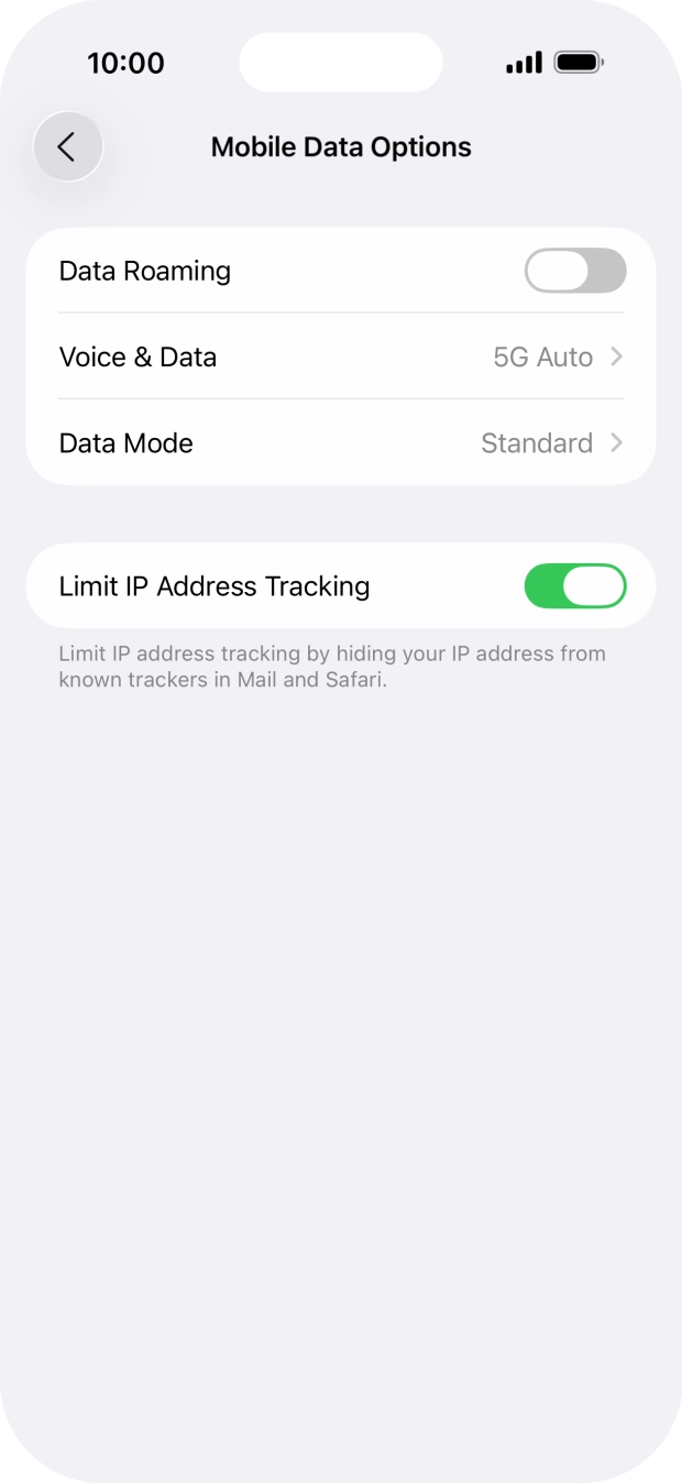Press the indicator next to 'Data Roaming' to turn the function on or off. Press the indicator next to 'Data Roaming' to turn the function on or off.