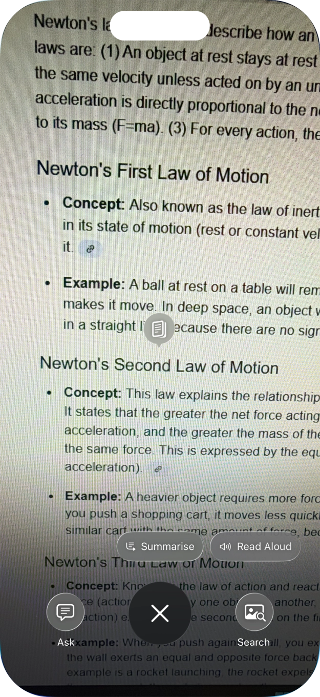 To use visual intelligence on a text, take a picture of the text, press the required setting and follow the instructions on the screen to use the function. To use visual intelligence on a text, take a picture of the text, press the required setting and follow the instructions on the screen to use the function.