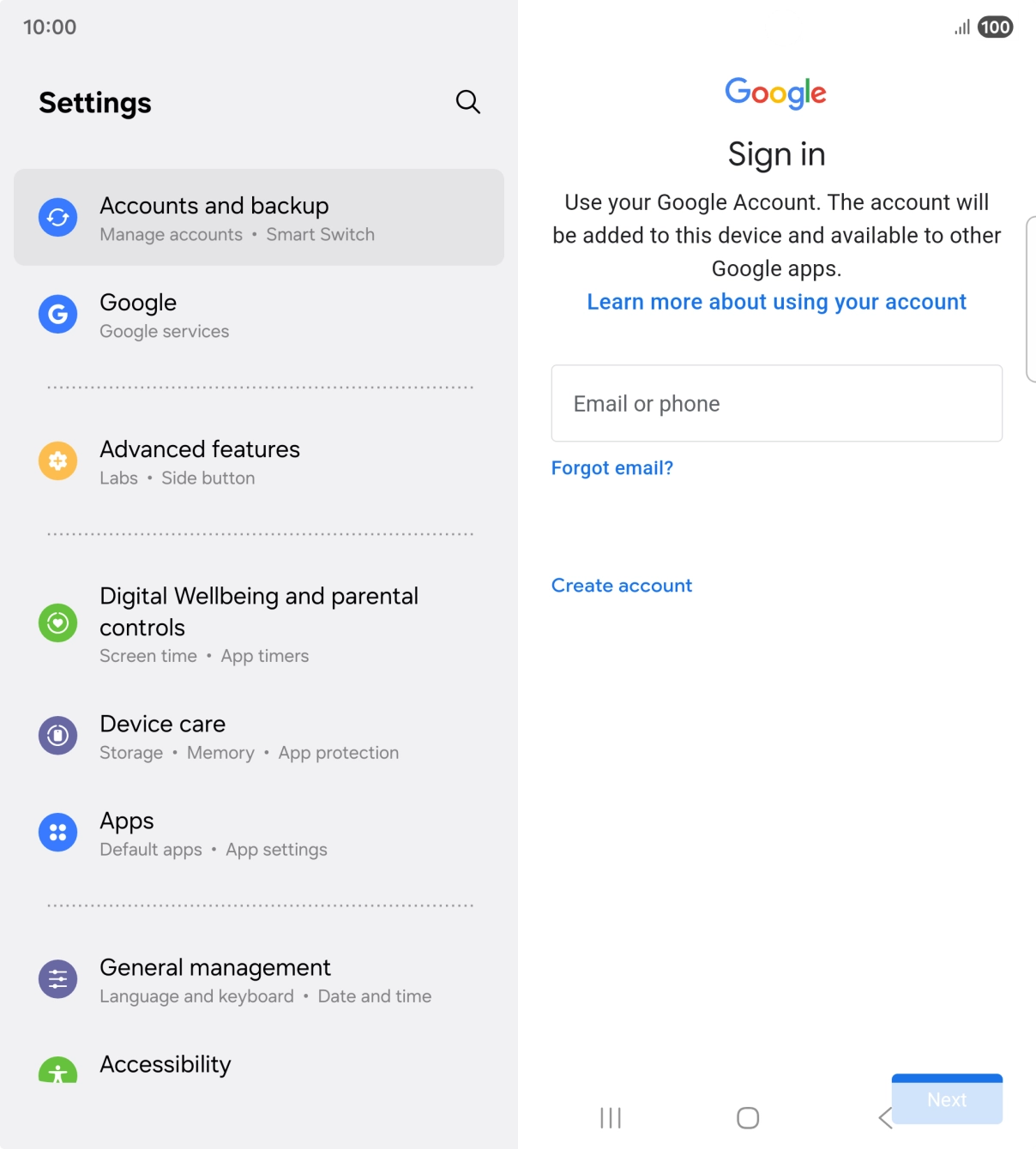 If you don't have a Google account, press Create account and follow the instructions on the screen to create an account.