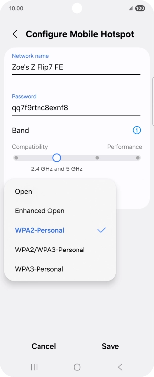 Press WPA3-Personal to password protect your WiFi hotspot.