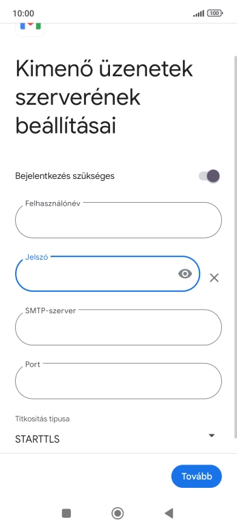 Kattints az „SMTP-szerver” alatti mezőre, és írd be az e-mail szolgáltatód kimenő szerverének a nevét.