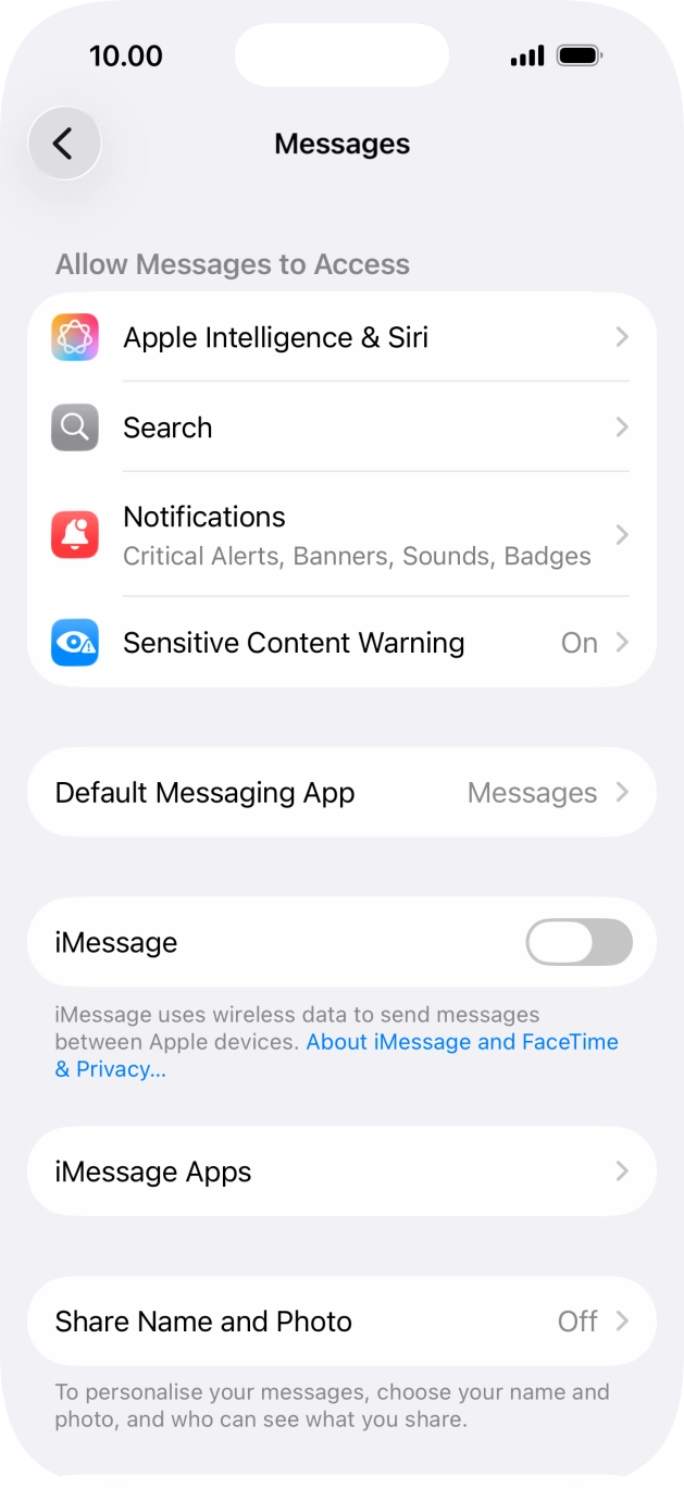 Press the indicator next to 'iMessage' to turn on the function.