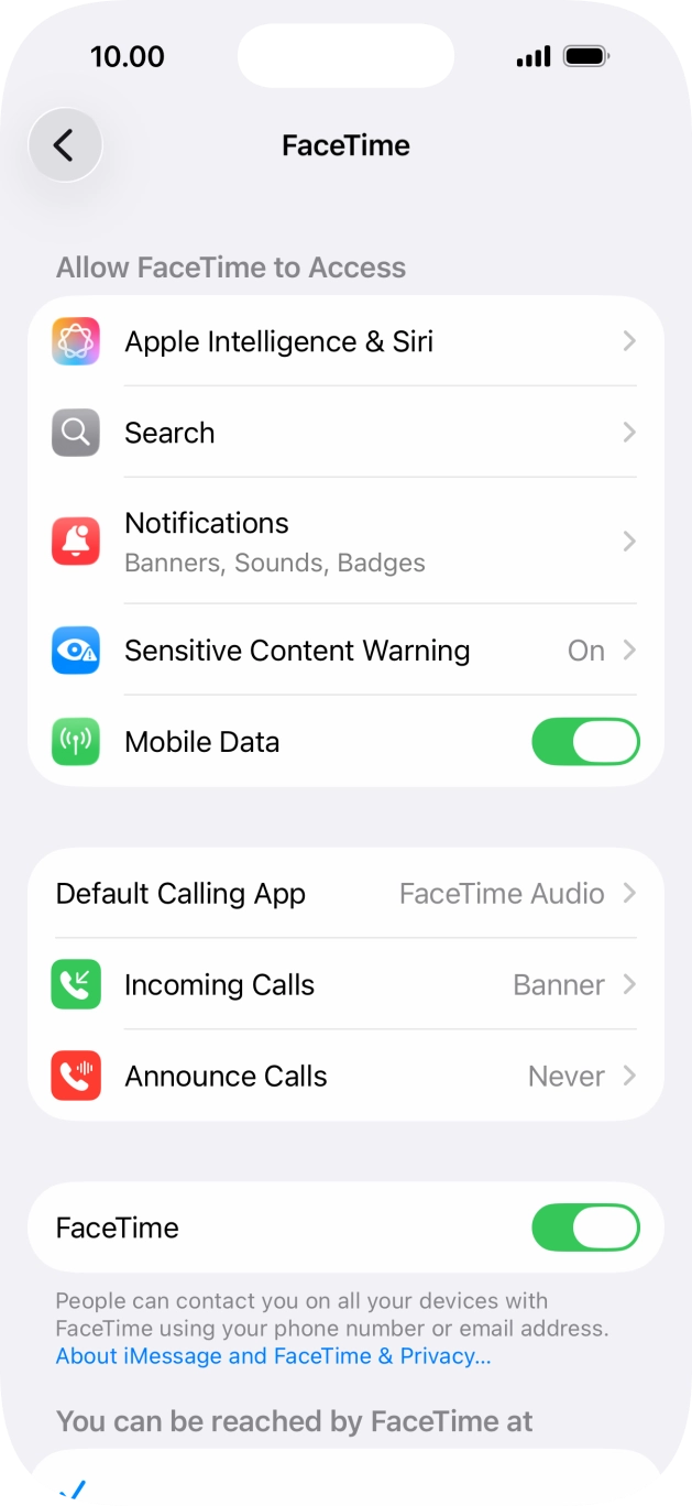Press the indicator next to 'FaceTime' to turn the function on or off. Press the indicator next to 'FaceTime' to turn the function on or off.