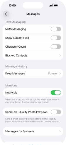 Press the indicator next to 'MMS Messaging' to turn on the function.