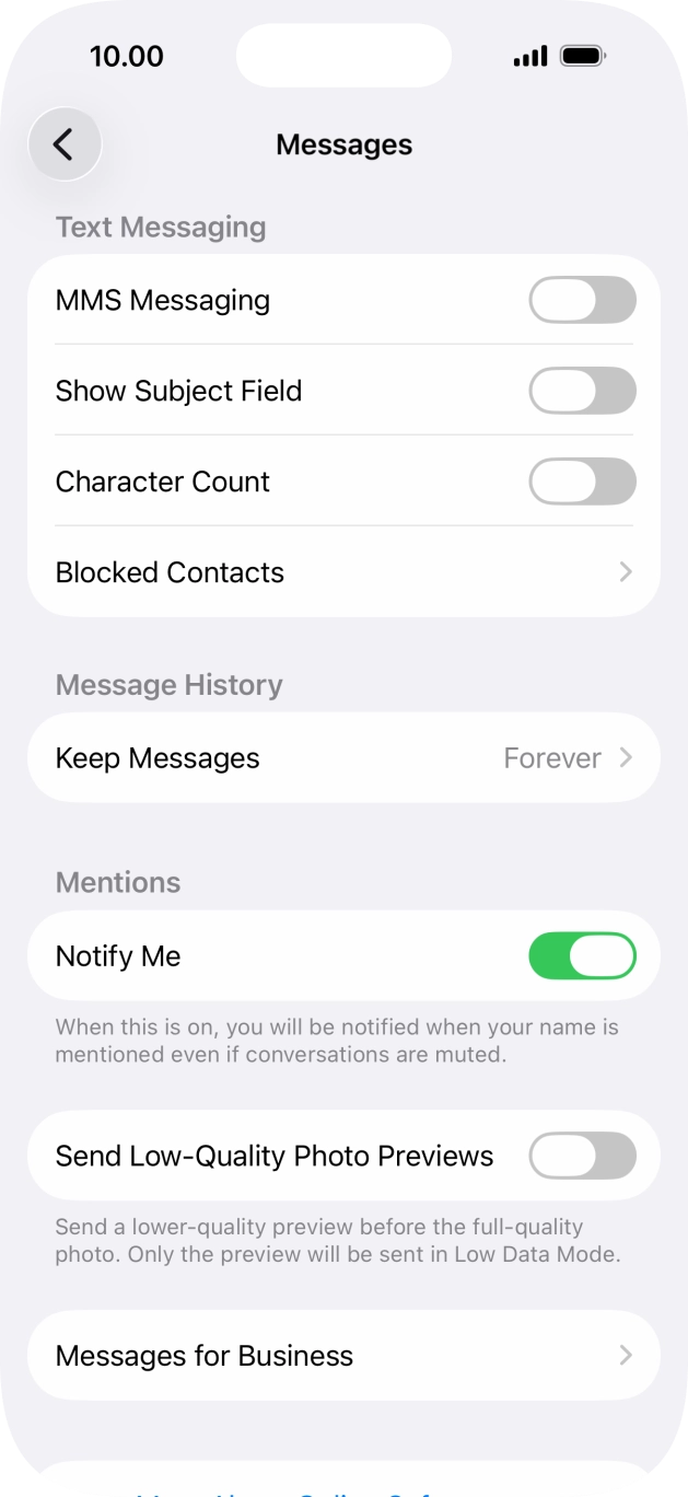 Press the indicator next to 'MMS Messaging' to turn on the function. Press the indicator next to 'MMS Messaging' to turn on the function.