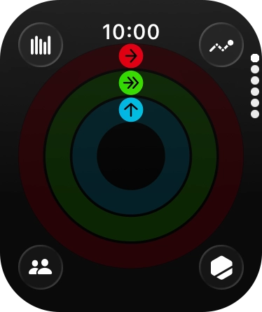 The screen will tell you how far you are from completing your daily activity goals. When the coloured rings are closed, you've reached the goals of your daily activity. The screen will tell you how far you are from completing your daily activity goals. When the coloured rings are closed, you've reached the goals of your daily activity.