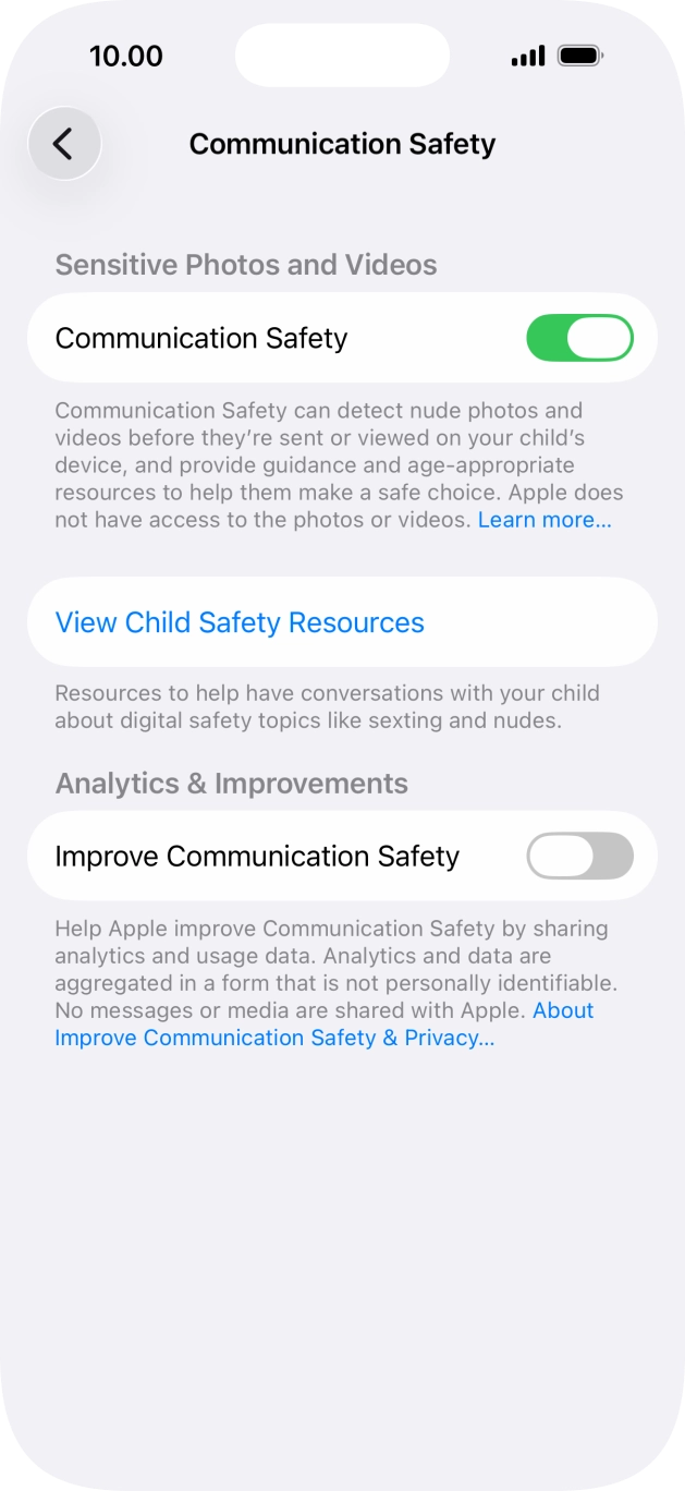 Press the indicator next to 'Communication Safety' to turn the function on or off. Press the indicator next to 'Communication Safety' to turn the function on or off.