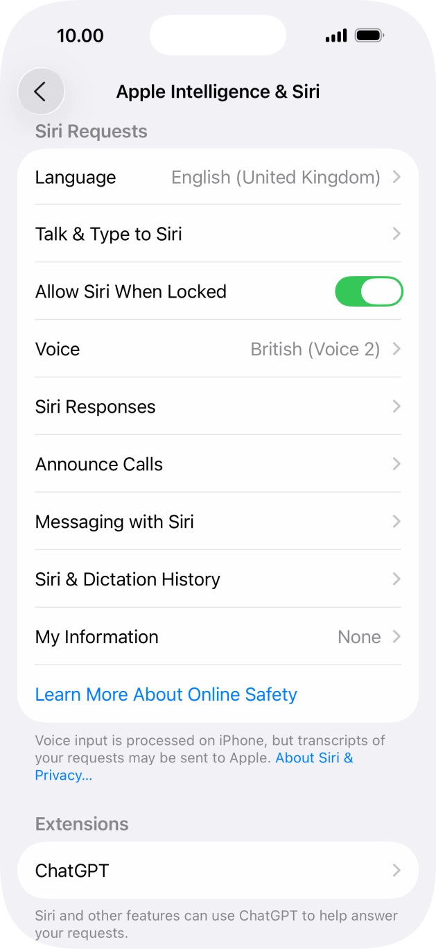 Press the indicator next to 'Allow Siri When Locked' to turn the function on or off. Press the indicator next to 'Allow Siri When Locked' to turn the function on or off.