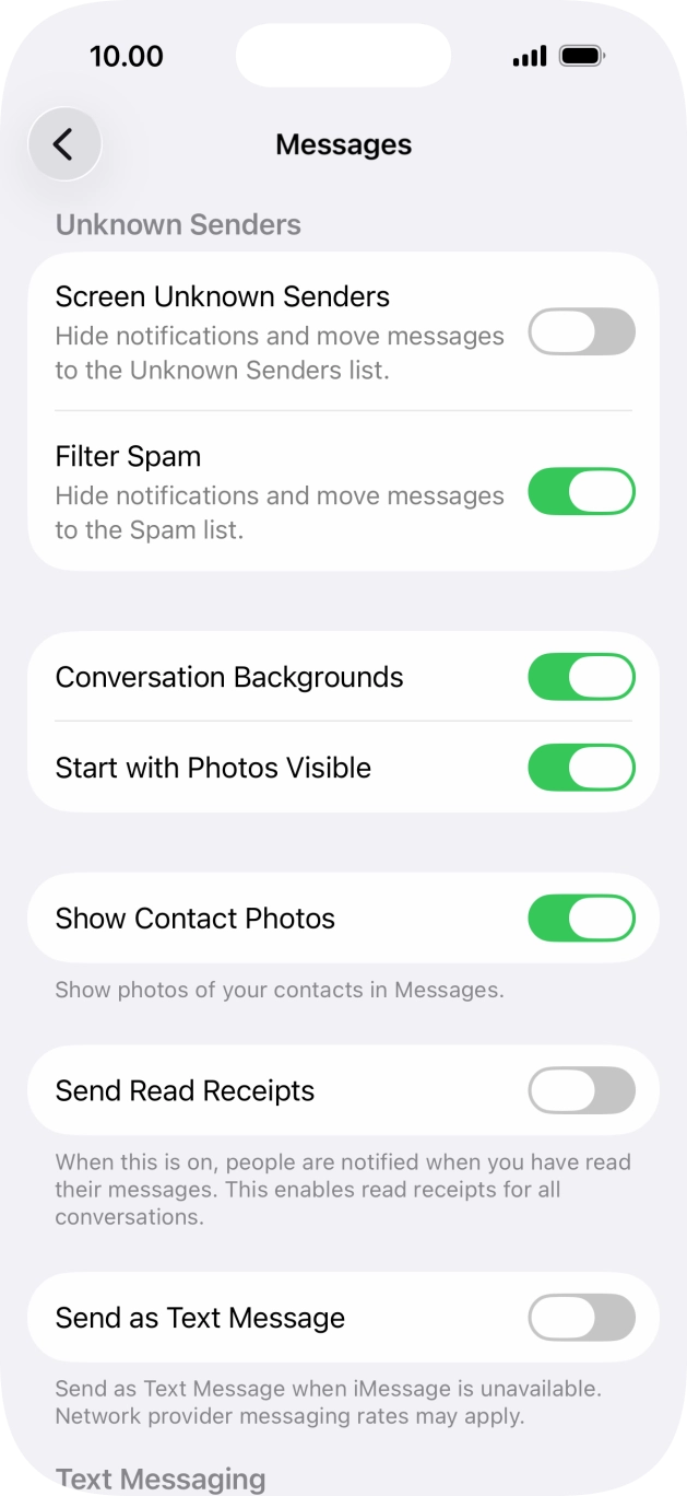 Press the indicator next to 'Send as Text Message' to turn the function on or off.