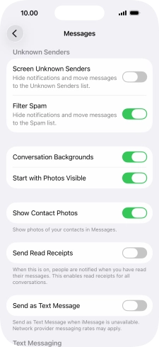 Press the indicator next to 'Send as Text Message' to turn the function on or off.