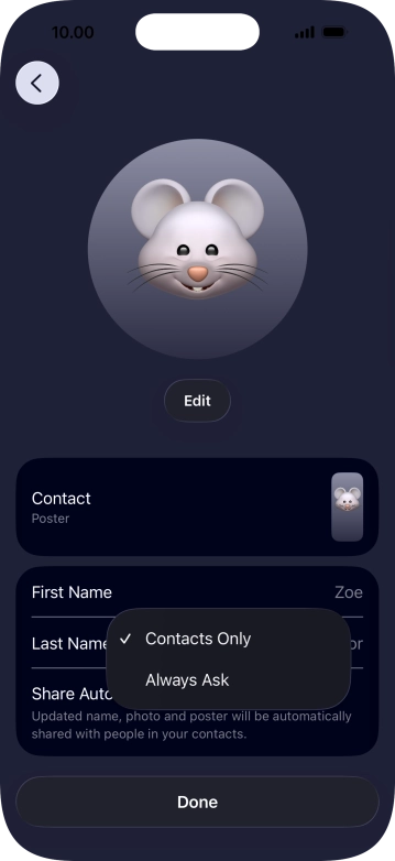 Press the required setting.