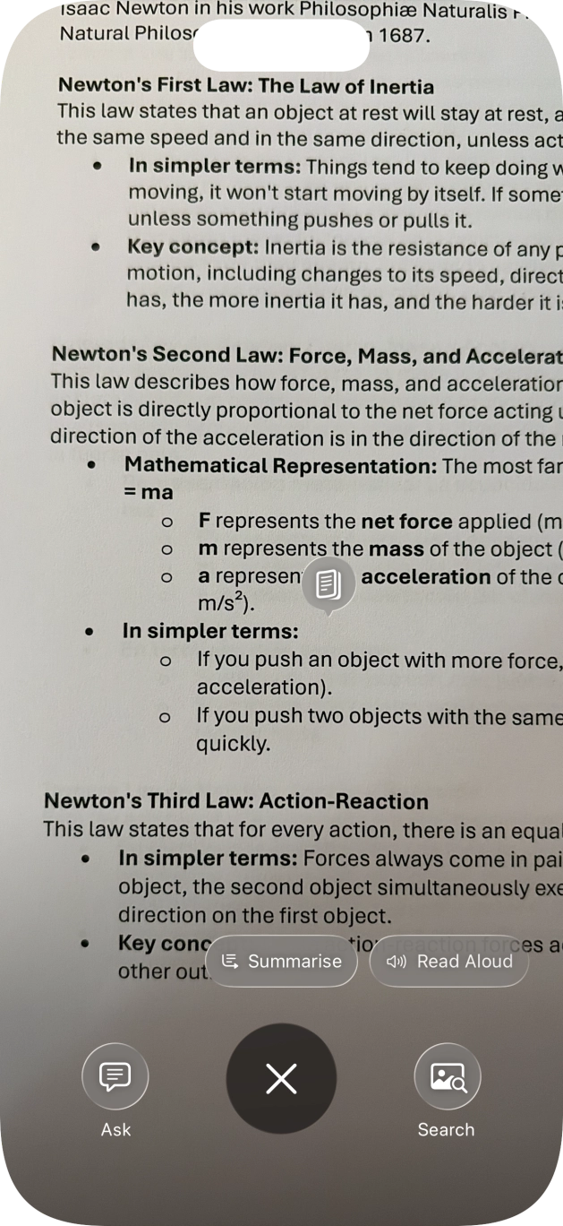 To use visual intelligence on a text, take a picture of the text, press the required setting and follow the instructions on the screen to use the function.