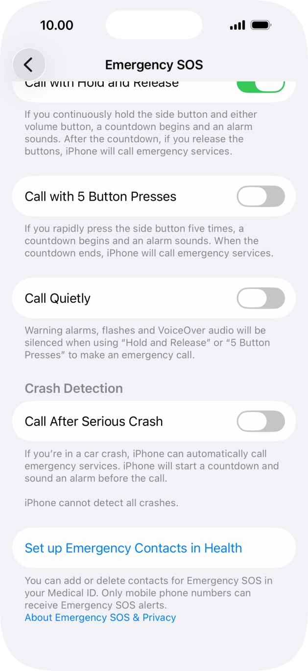 Press the indicator next to 'Call After Serious Crash' to turn on the function.