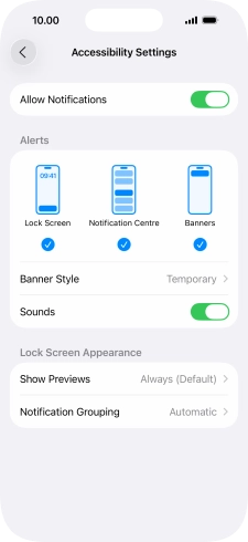Press the indicator next to 'Allow Notifications' to turn notifications for the selected application on or off.