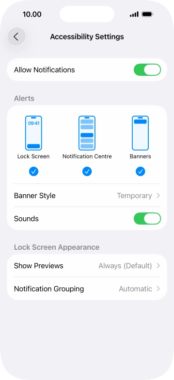Press the indicator next to 'Allow Notifications' to turn notifications for the selected application on or off.