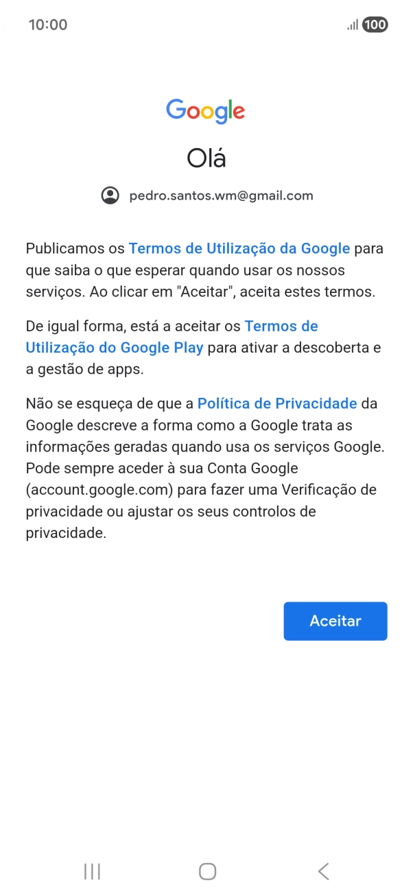 Prima Aceitar e siga as indicações no ecrã para escolher as definições da conta Google.