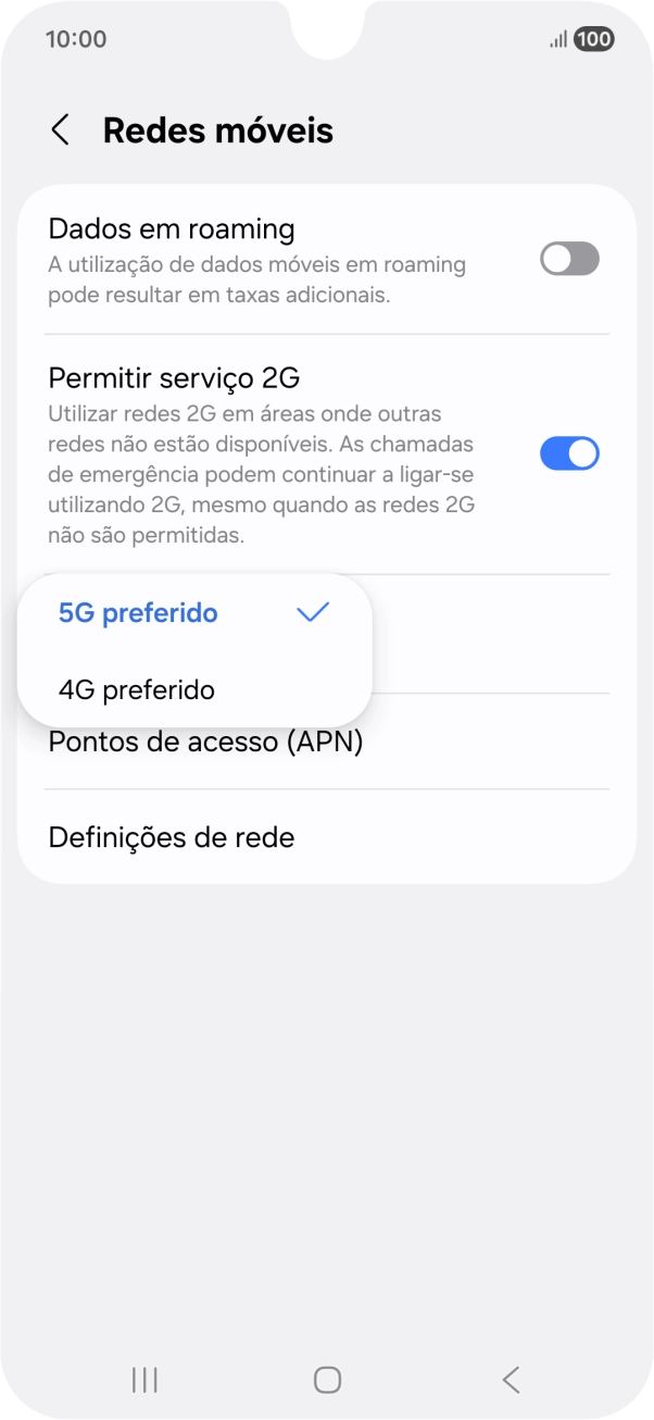 Prima o tipo de rede pretendido.
