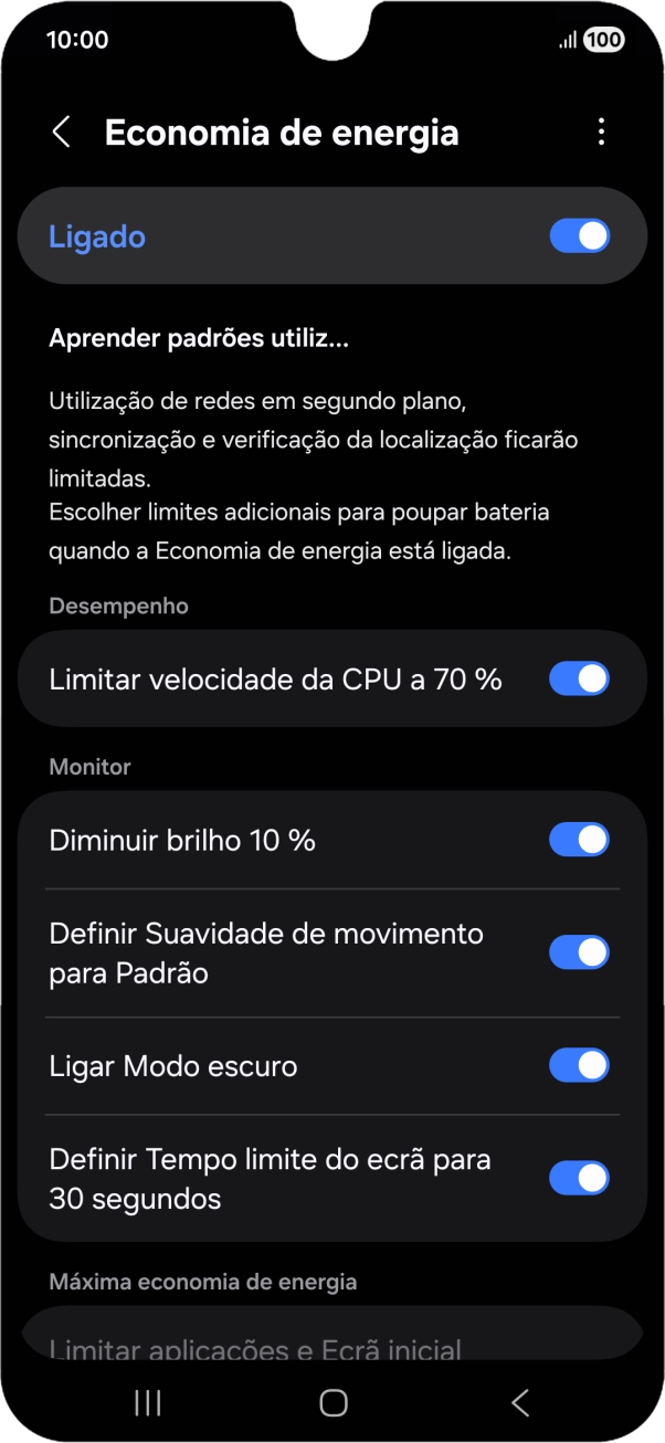 Prima os indicadores junto às definições pretendidas para as ativar ou desativar.