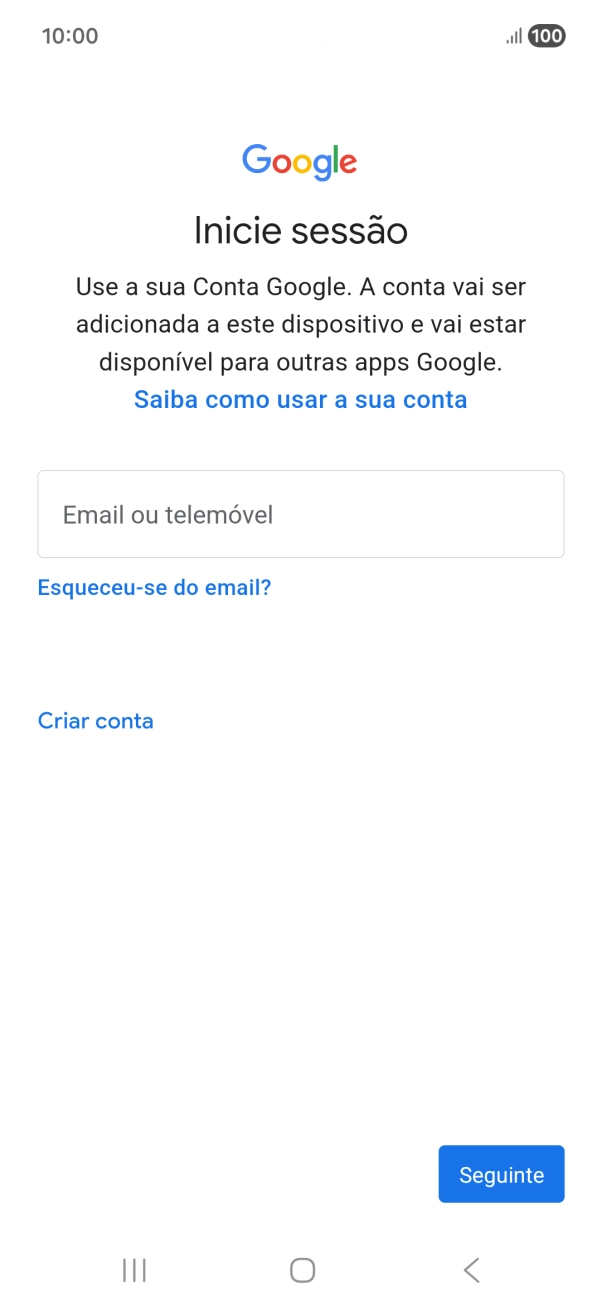 Se não tiver uma conta Google, prima Criar conta e siga as indicações no ecrã para criar uma conta.